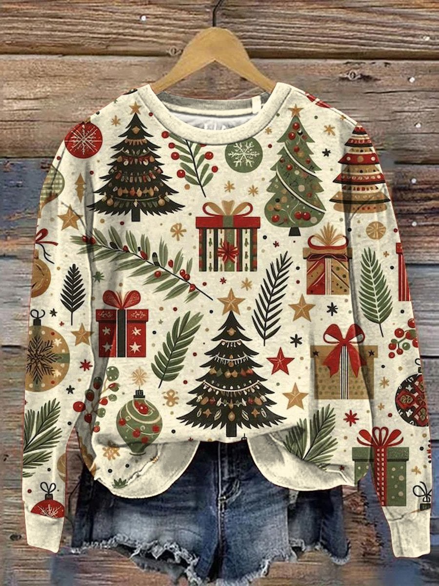 Vintage Christmas Tree And Present Pattern Printed Casual  Sweatshirt