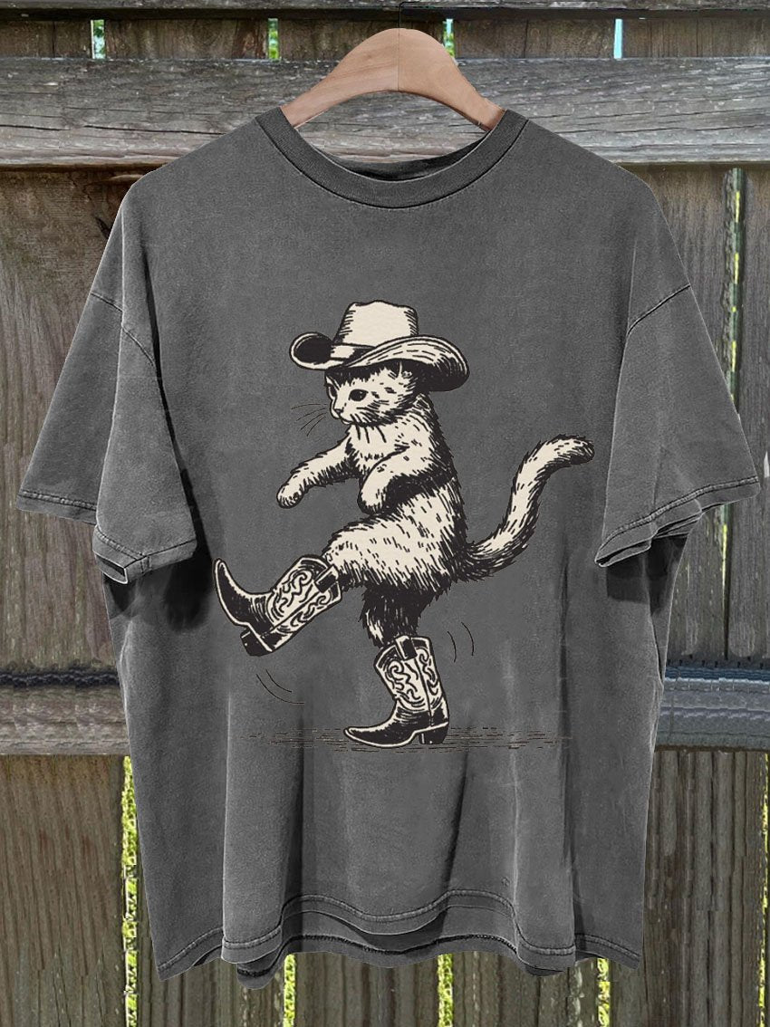 Cute Cowboy Cat Print T-shirt