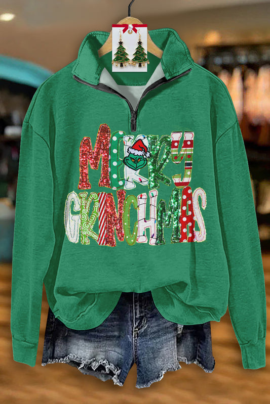 Classic Merry Christmas Grinch Print Zip-Up Sweatshirt