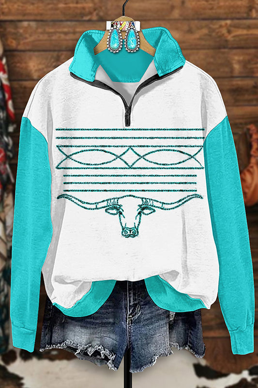 Vintage Western Boots Stitched Bull Head Print Zipper Sweatshirt