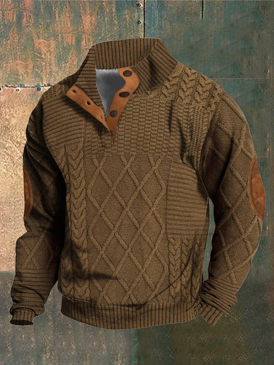 Men's Casual Retro Print Stand Collar Button Sweatshirt