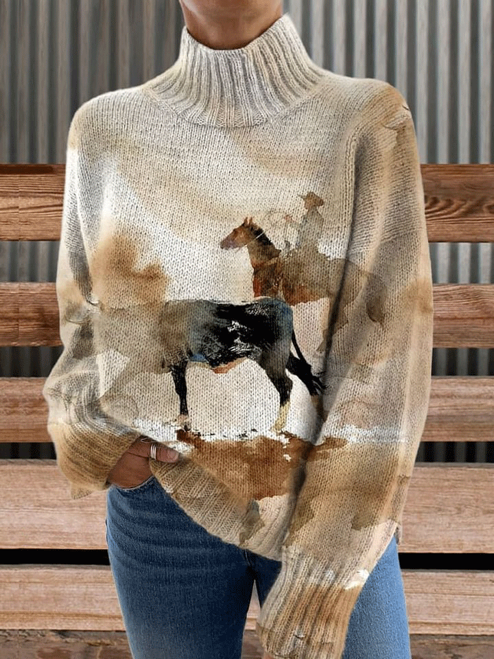 Vintage Print Knit Turtleneck Pullover Sweater