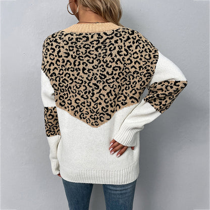 Women's V-neck Pullover Contrasting Leopard Print Sweater