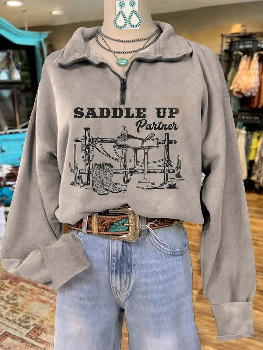 Saddle Print Casual Long Sleeve Zip Sweatshirt