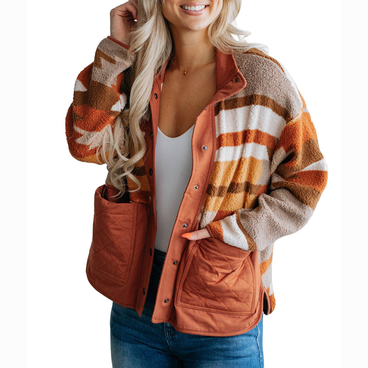 Color Block Warm Long Sleeve Loose Casual Style Pocket Jacket