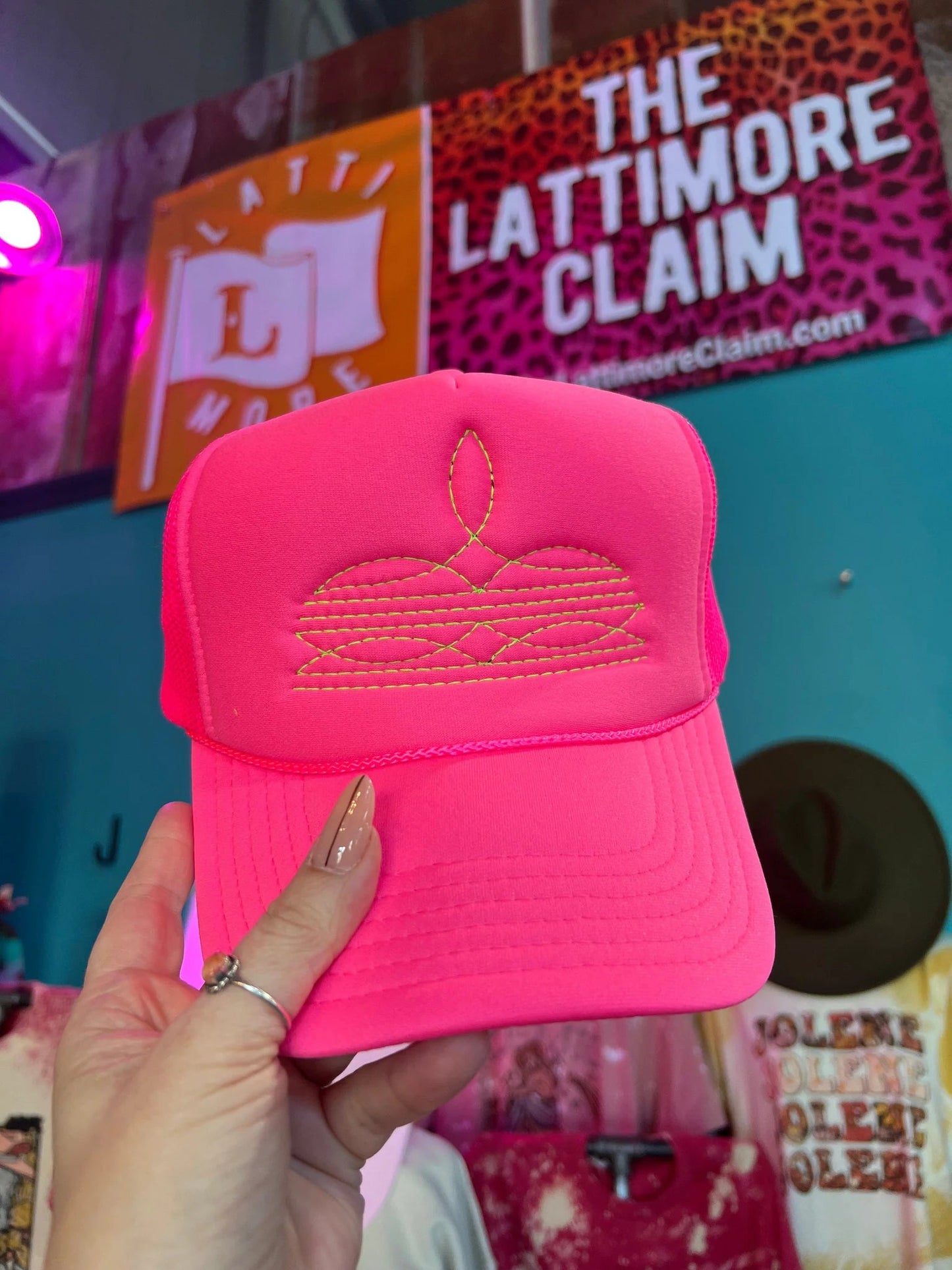 Boot Stitch Trucker Cap Hat in Neon Hot Pink