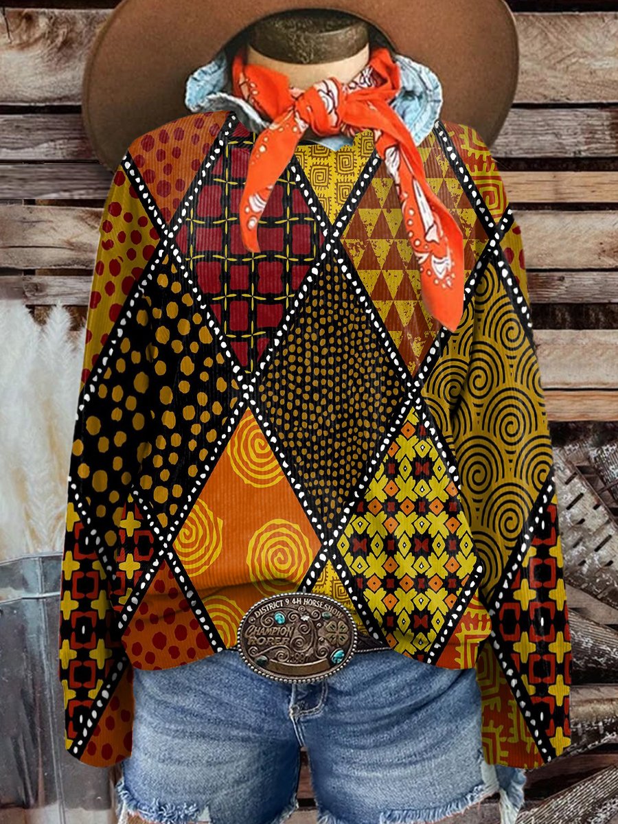 Women's Fashion Wild West Plaid Art Print Casual Print Corduroy Sweatshirt