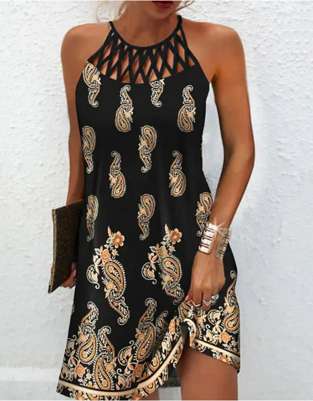 Tribal Print Hollow Out Cold Shoulder Dress