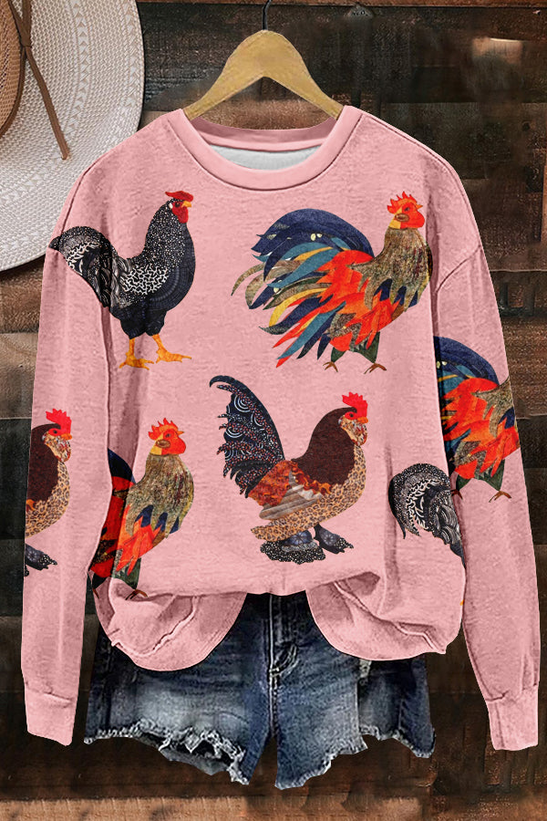 Chic Country Rooster Print Sweatshirt