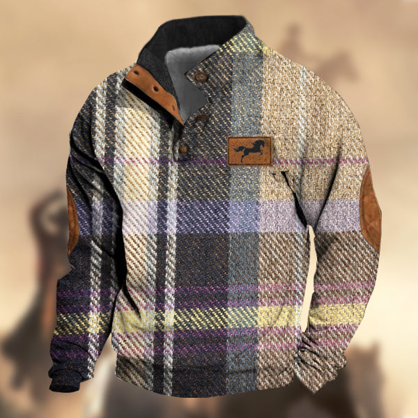 Men's Vintage Country Western Horse Khaki Black Wool Plaid Print Stand Collar Sweatshirt