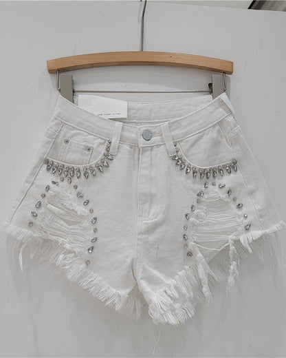 Diamond-Encrusted Frayed Denim Shorts