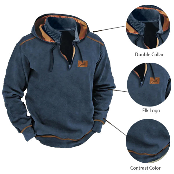 Men's Vintage Country Elk Hunting Contrast Zip-Up Stand Collar Patchwork Hooded Sweatshirt