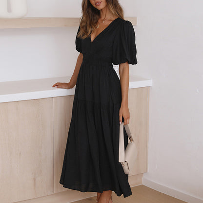 New Luxury Holiday Style Deep V Puff Sleeve Dress