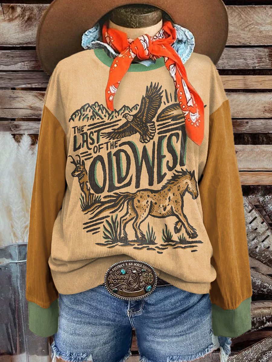 Women's Fashion Wild West Wilderness Eagle And Mustang Art Print Casual Print Corduroy Sweatshirt