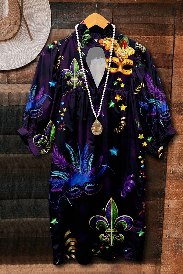 Mardi Gras Mask V-Neck Ruffled Puff Sleeve Dress