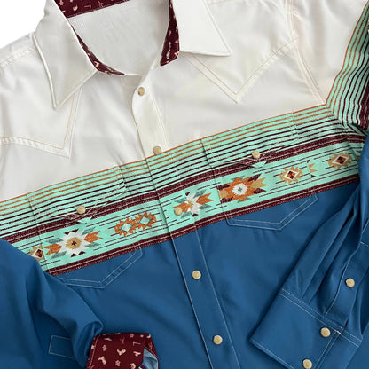 Men's 100% Cotton Blue Agave Western Retro Ethnic Pattern Plaid Multiple Pockets Shirt