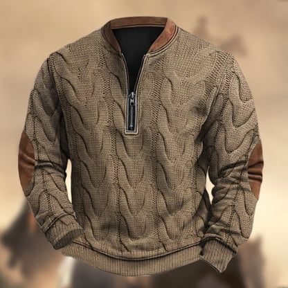 Men's Vintage Western Knit Print Zipper Stand Collar Casual Sweatshirt