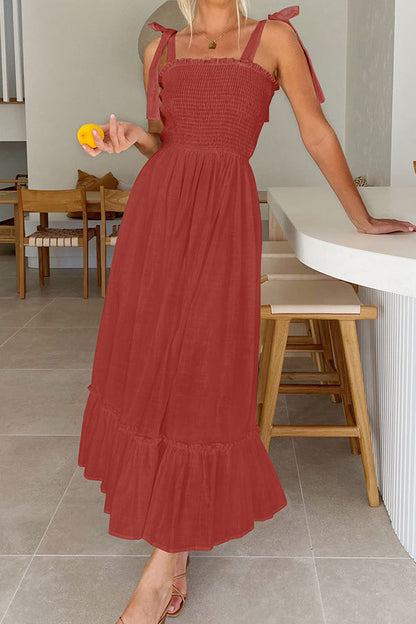 Summer Boho Spaghetti Strap Square Neck Solid Color Ruffle A Line Beach Long Maxi Dress