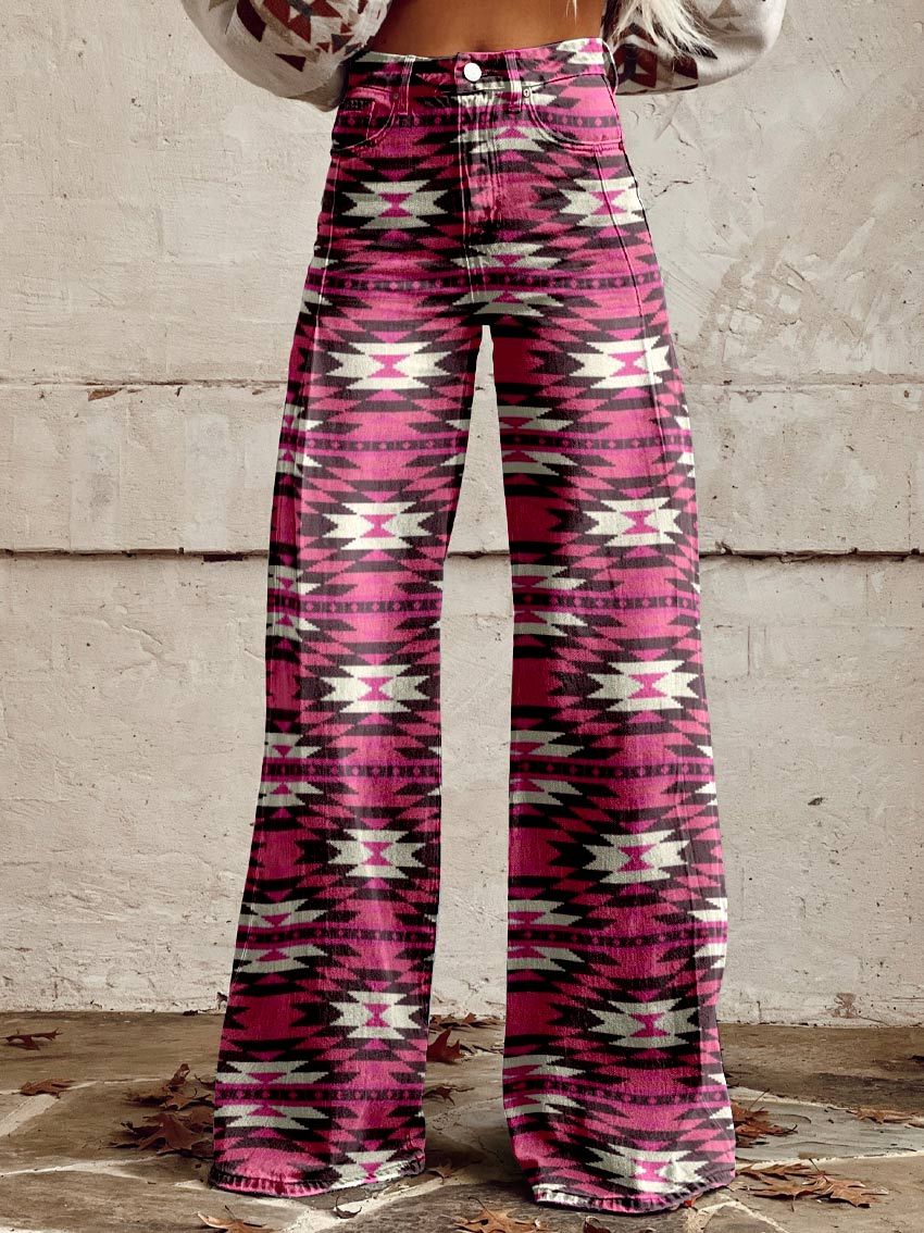 Women's Pink Aztac Geometry Print Casual Wide Leg Pants