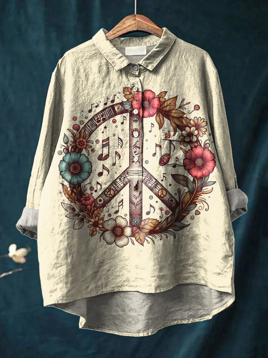 Vintage Peace And Love Floral Art Print Casual Cotton And Linen Shirt