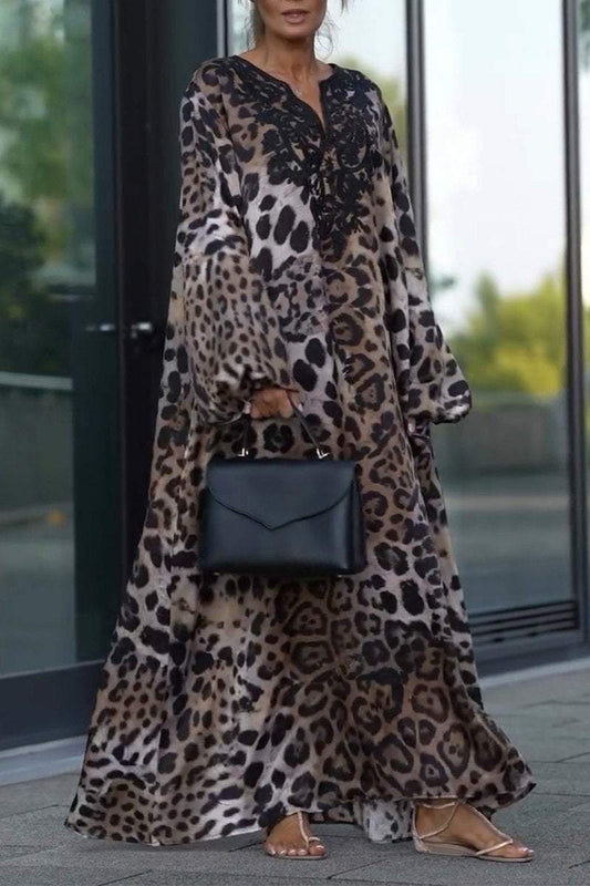 Women's Casual V-neck Leopard Printed Loose Dress