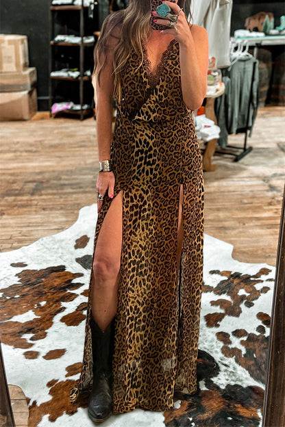 Vintage Leopard Print V-Neck Slit Dress