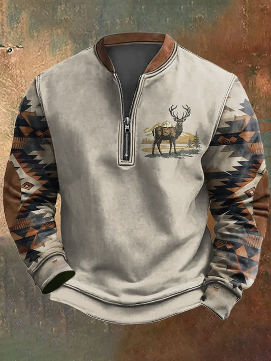 Men's Retro Distressed Deer Zip Collar Sweatshirt