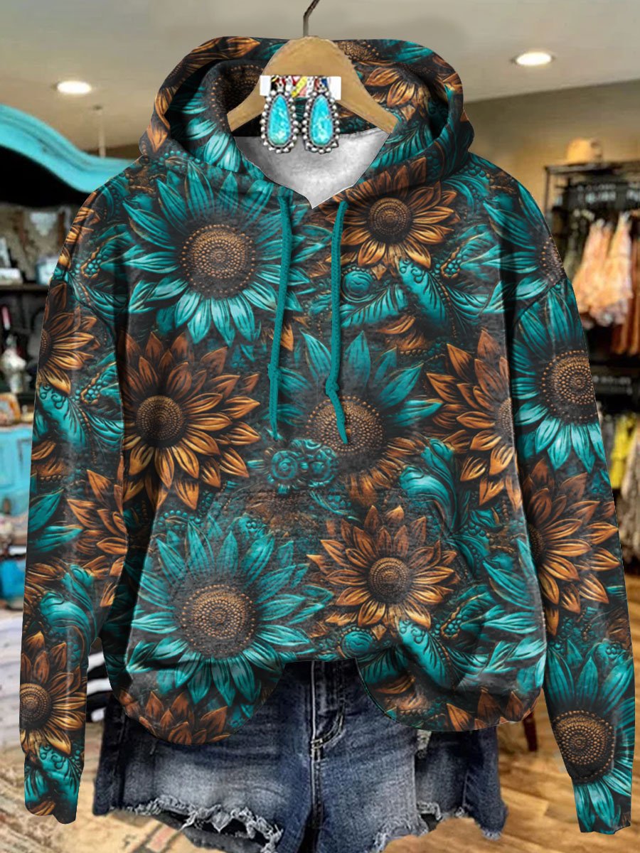 Retro Cyan Flowers Art Print Casual Hoodie Sweatshirt