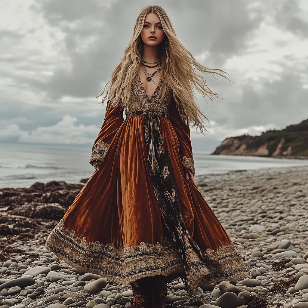 Breezy Bohemian Beach Vacation Autumn And Winter Velvet Ethnic Style Fluttering Dress