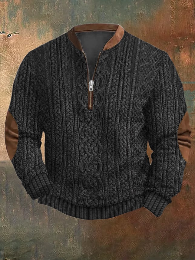 Men's Western Vintage Knitted Patchwork Printed Zip Collar Sweatshirt