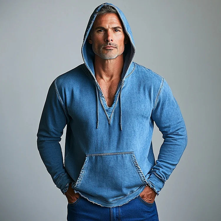 Men's Vintage Denim Pocket Long Sleeve V-neck Hoodie