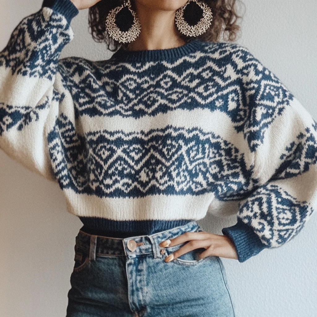 Women's Vintage Geometric Ethnic Style Print Round Neck Oversized Sweatshirt