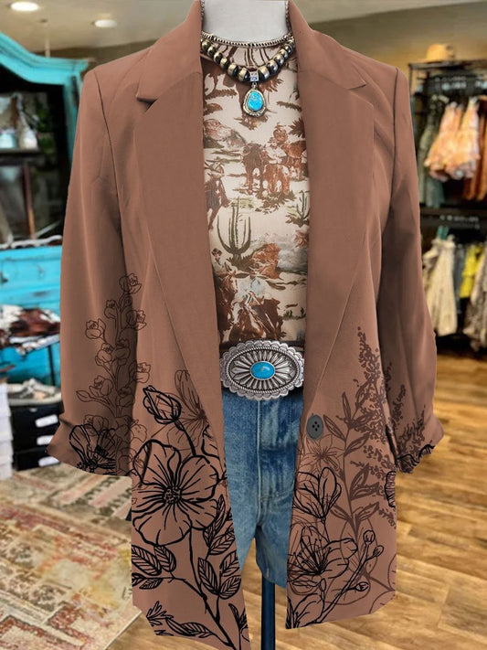 Women's Vintage Flower Print 3/4 Sleeve Casual Blazer