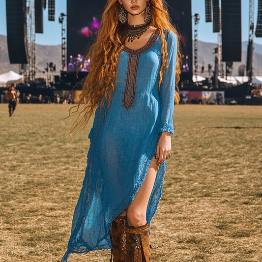 Music Festival Rock Rave Party Vintage Wasteland Ethnic Lace Tassel Floral Linen Dress