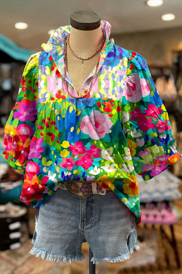 Elegant Contrast Floral Print Blouse