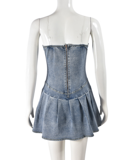 Stretch Denim Chest Wrap Sexy Pleated V-Neck Denim Dress