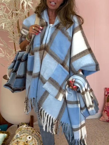 Women's Hooded Long-sleeved Plaid Tassel Cape Coat