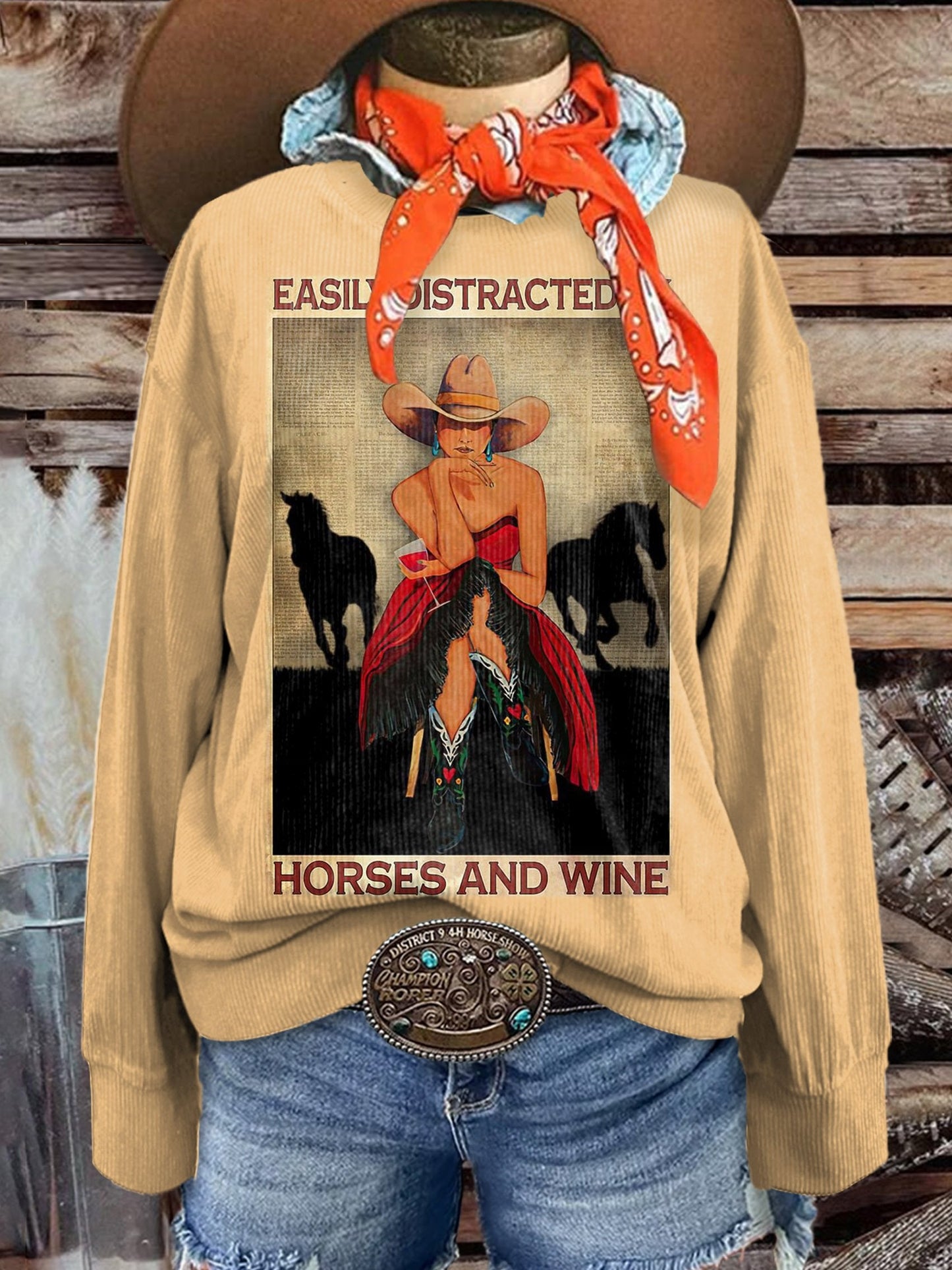 Women's Easily Distracted By Horses And Wine Print Casual Corduroy Sweatshirt