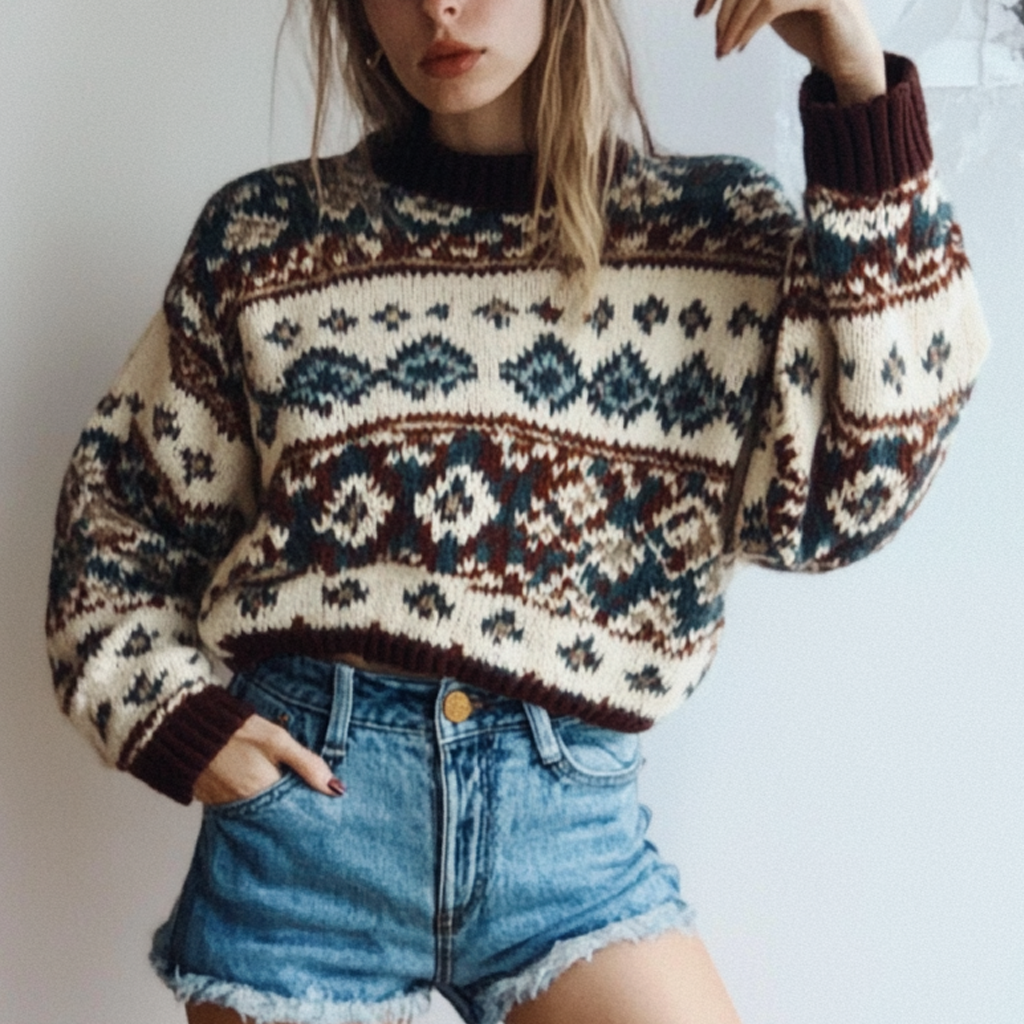 Women's Vintage Geometric Ethnic Style Print Round Neck Oversized Sweatshirt