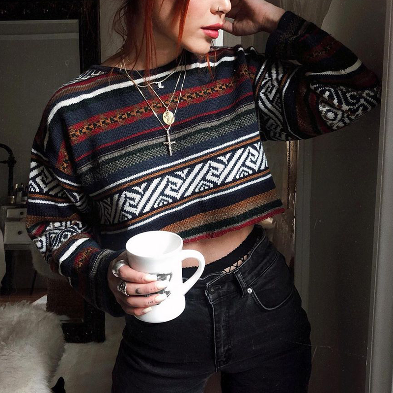 Oversized Vintage Striped Cropped Sweater