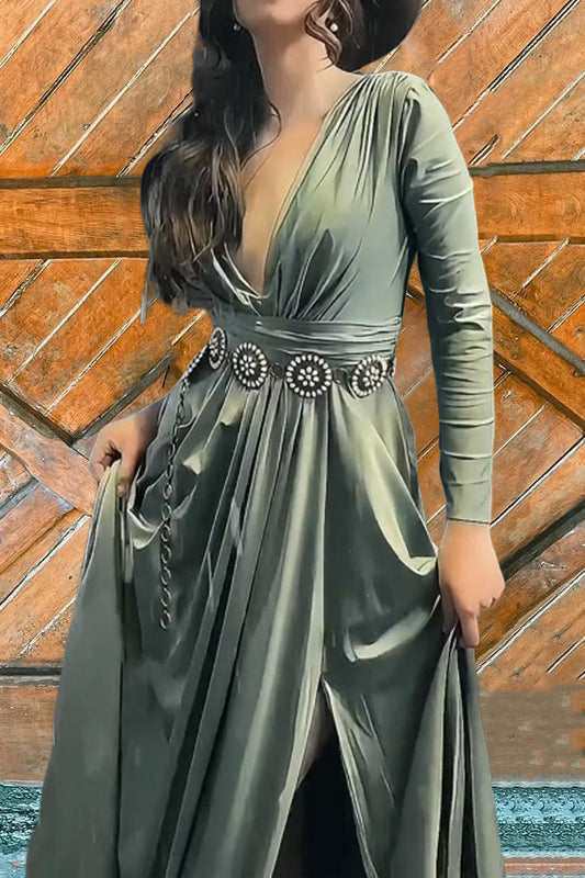 Light Green Slit Deep V Neck Dress