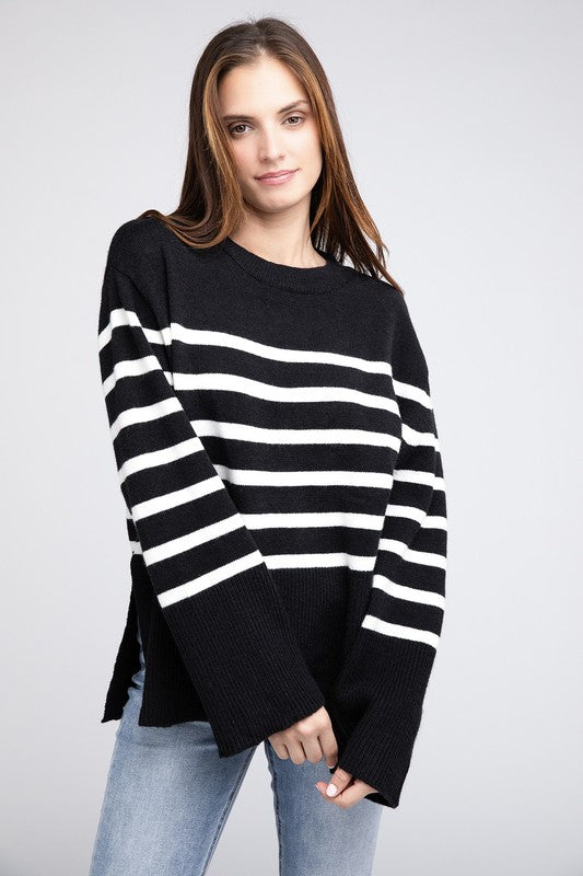 Ribbed Hem Stripe Sweater Rust or Black