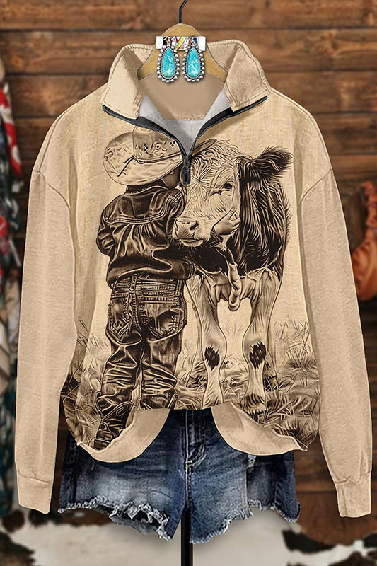 Vintage Western Cow Print Zip-Up Sweatshirt