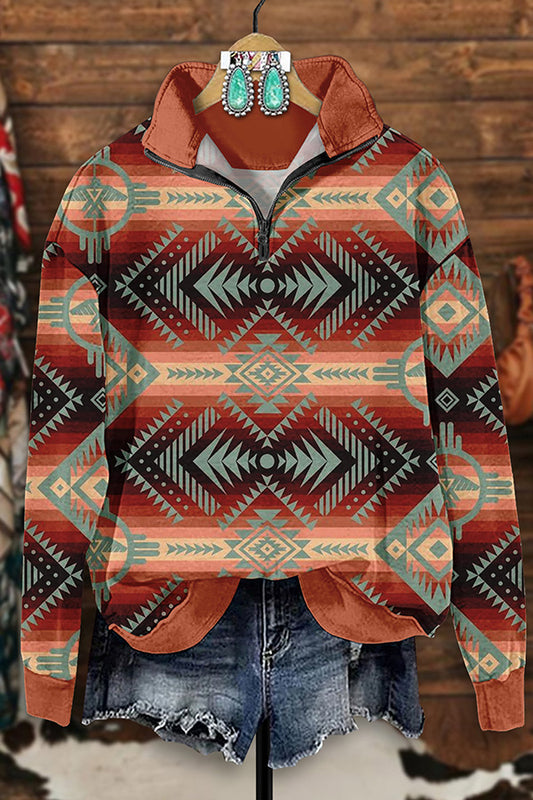 Retro Western Aztec Print Zip-Up Sweatshirt