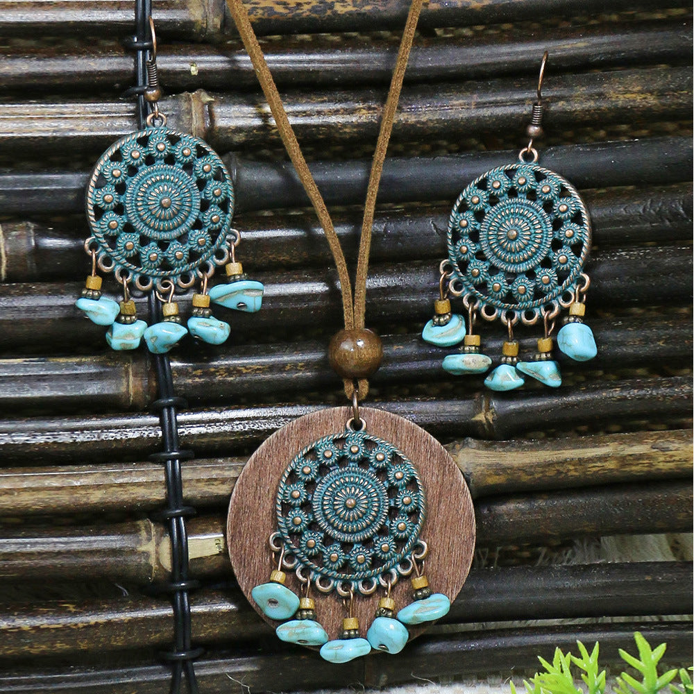 Women's Bohemian Retro Wooden Necklace Earring Set