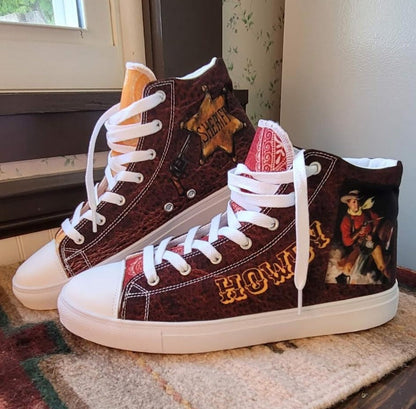 Vintage Wild West Cowboy Women__ high top canvas shoes