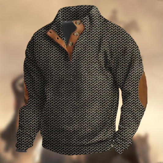 Men's Casual Vintage Country Western Print Henley Stand Collar Sweatshirt