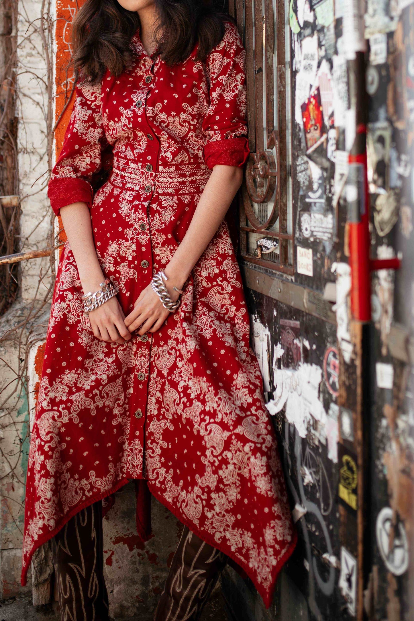 Red Retro Paisley Print Casual Dress