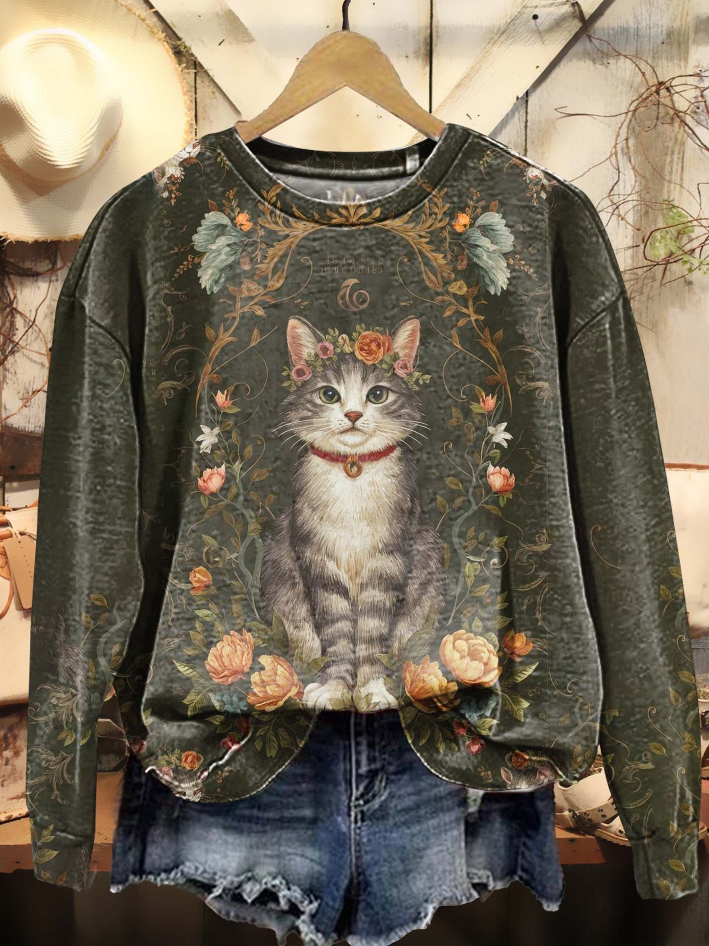 Floral Elegant Kitten Art Print Casual Sweatshirt