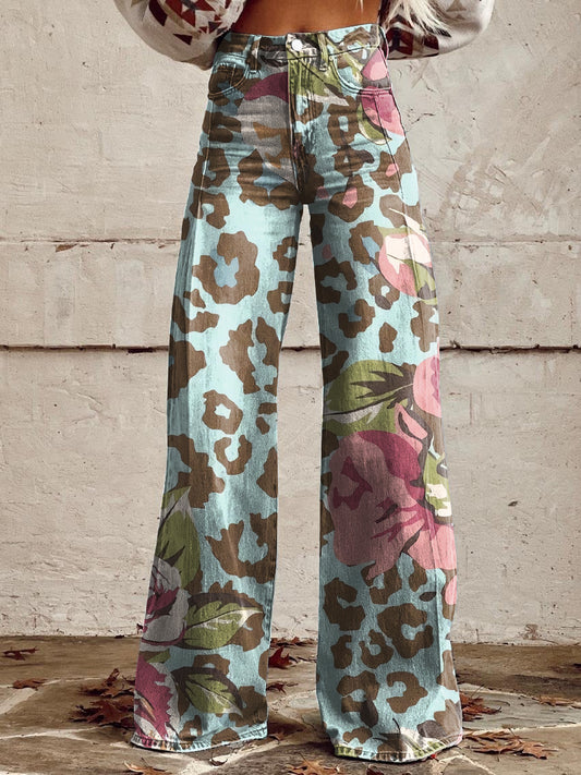 Women's Vintage Leopard Pink Blue Floral Print Casual Wide Leg Pants